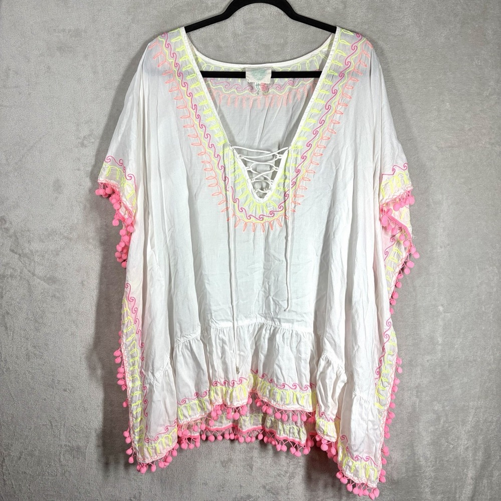 Z&L Tassel Swim Cover Up OS Neon Embroidery Tropical Vacation Resortwear Travel